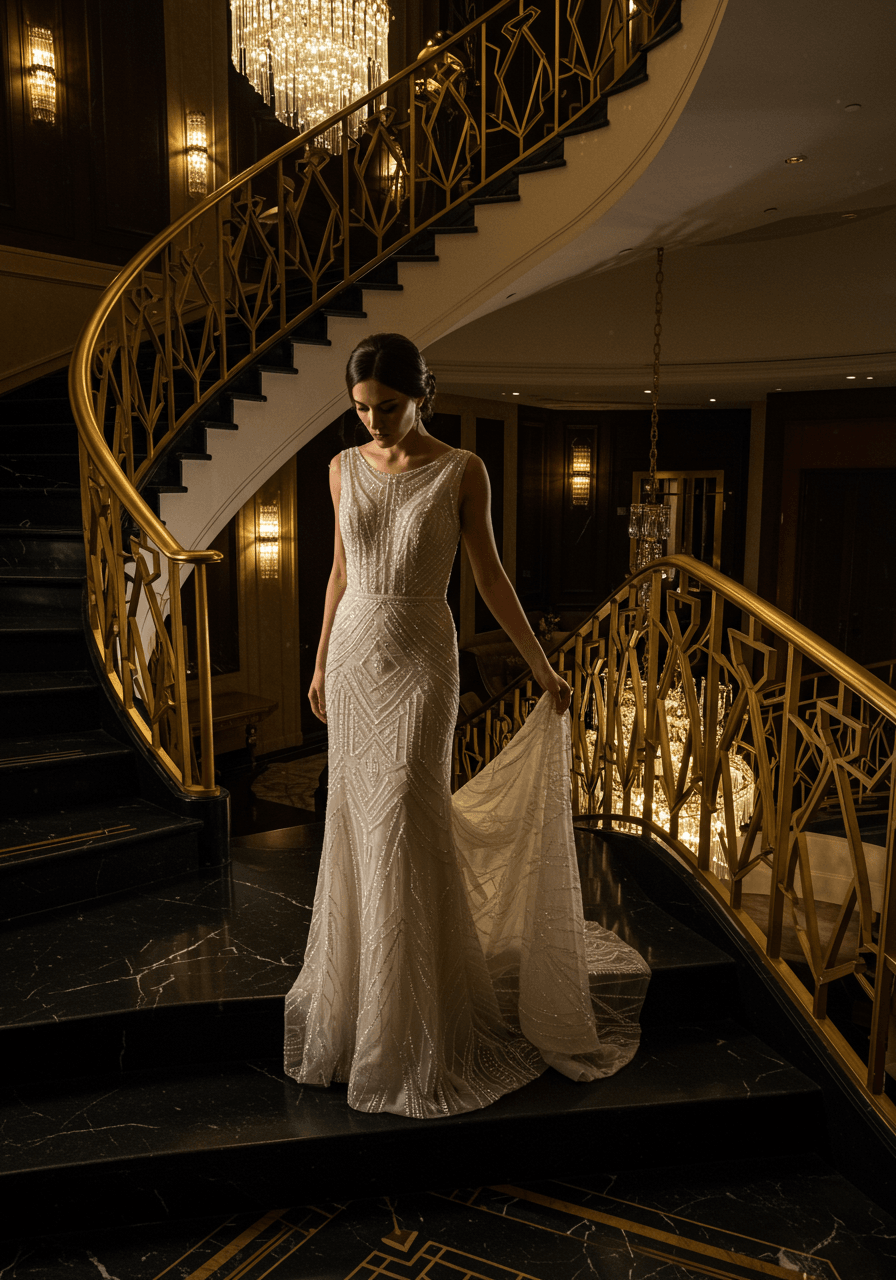 Bride showcasing sequined flapper-style wedding gown with geometric patterns in luxurious ballroom setting with polished marble floors