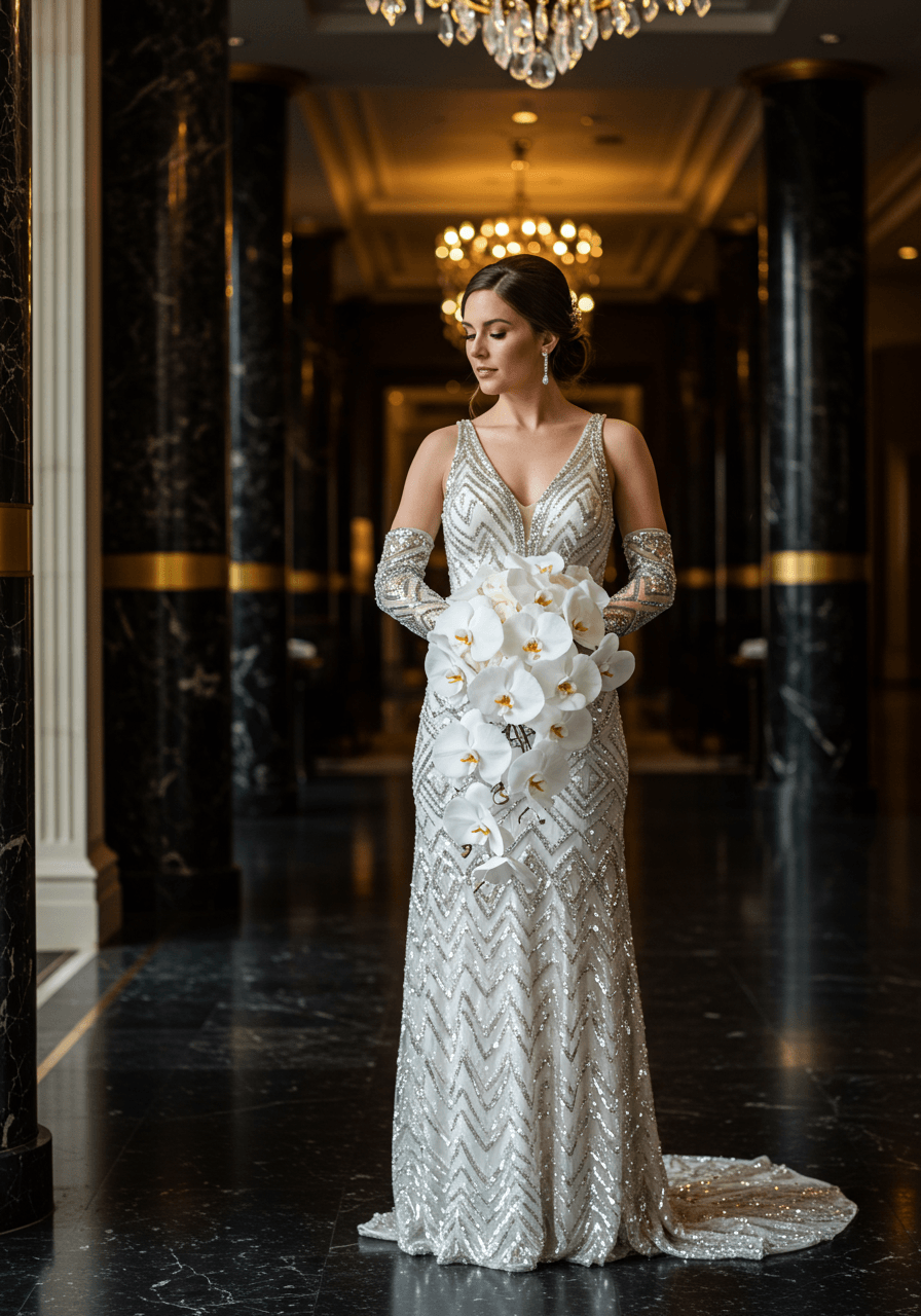 Bride wearing floor-length Art Deco sequined gloves holding white orchid bouquet in grand hotel lobby
