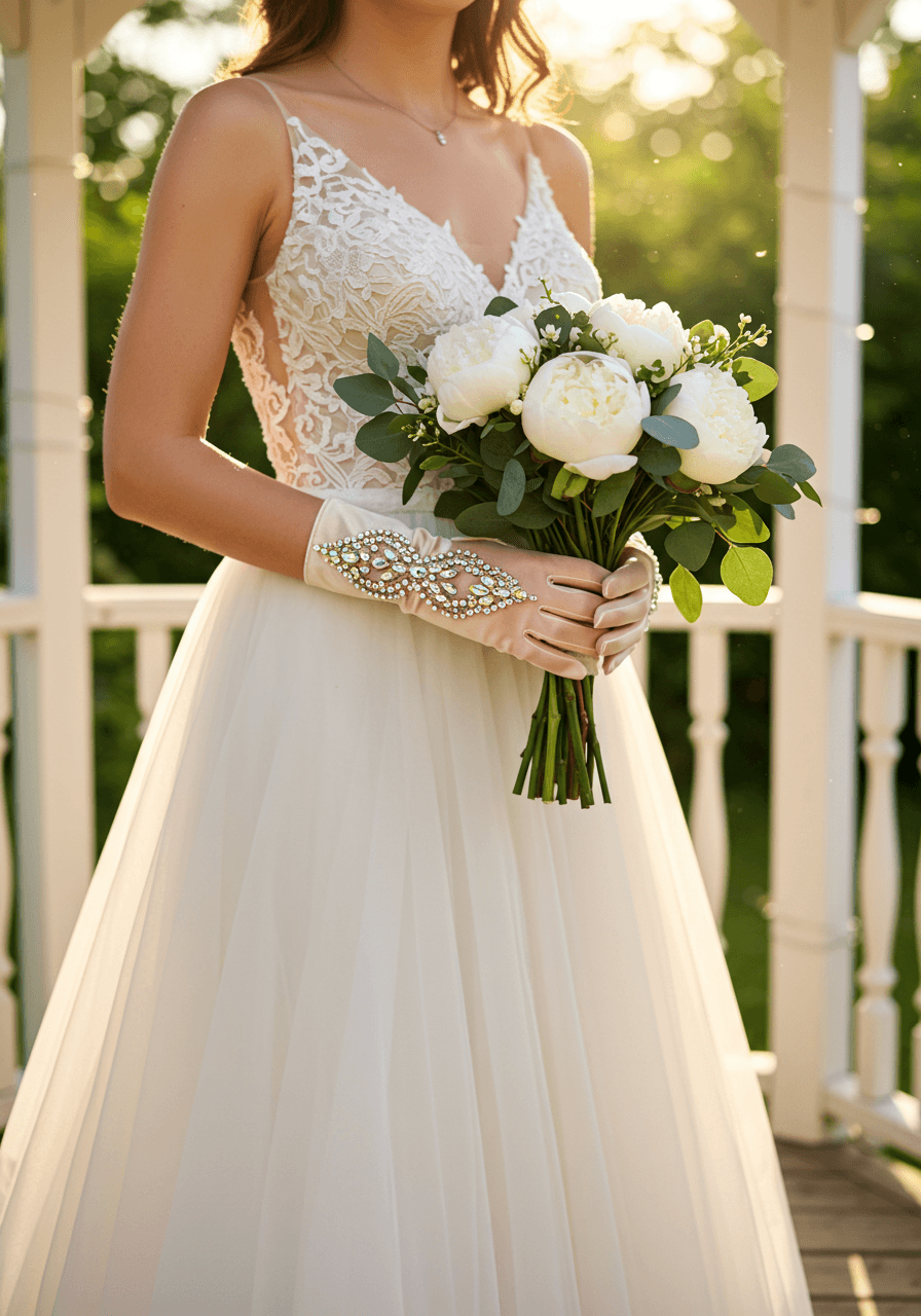 Bride in flowing A-line gown holding white peony bouquet wearing crystal-embellished stretch gloves in garden gazebo