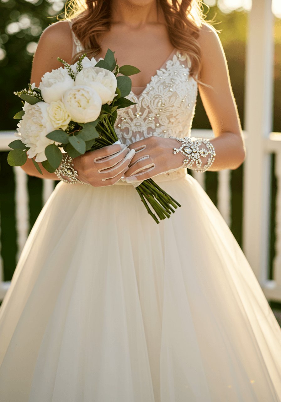 Three-quarter portrait of bride in crystal gloves standing gracefully in white wooden gazebo during golden hour