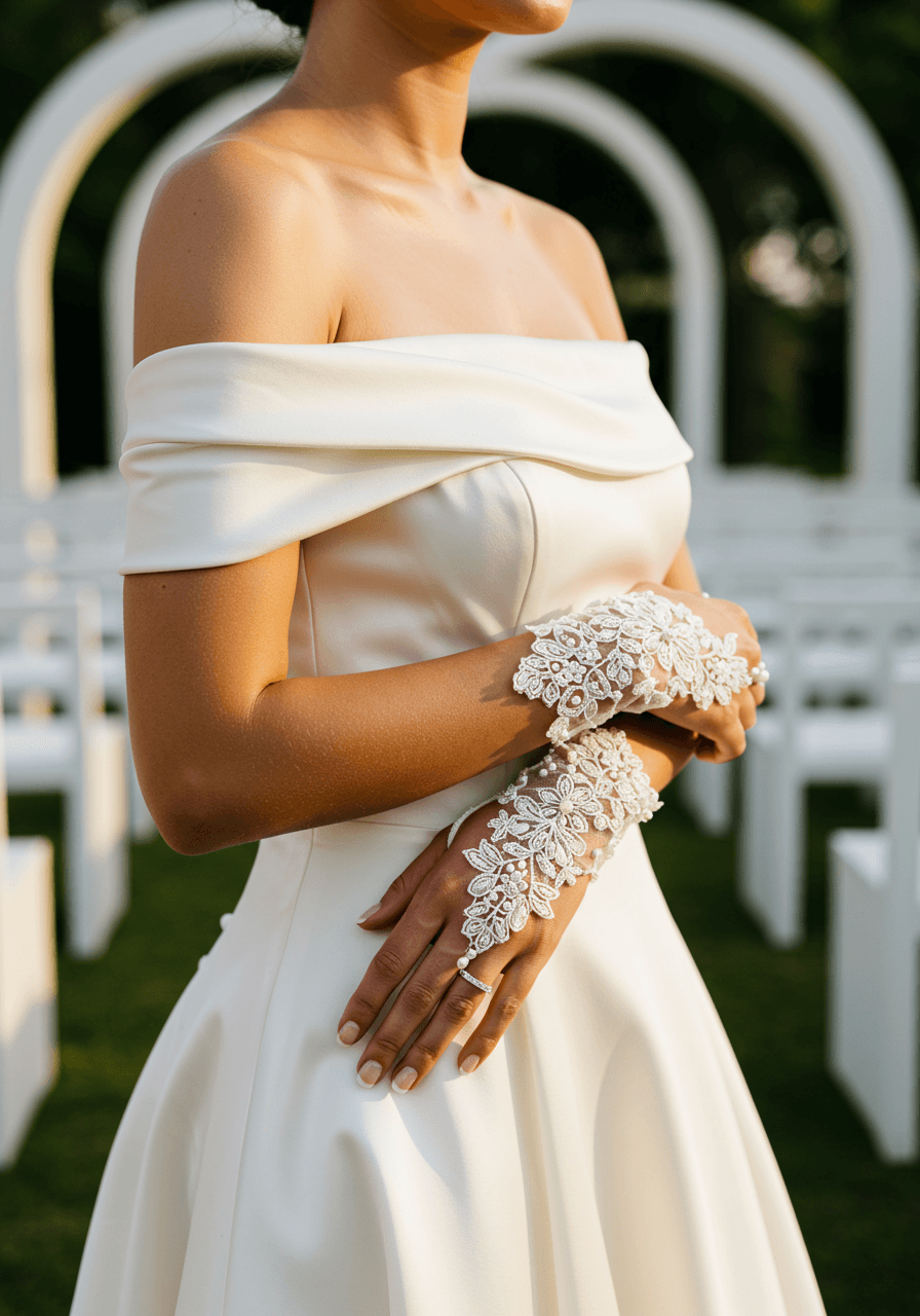 Bride in off-shoulder gown wearing fingerless lace gloves in contemporary garden ceremony bathed in golden hour light