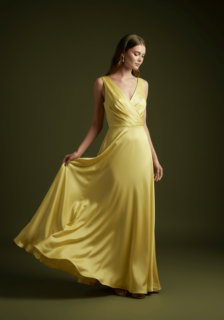 Model adjusting flowing skirt of V-neck yellow silk bridesmaid dress