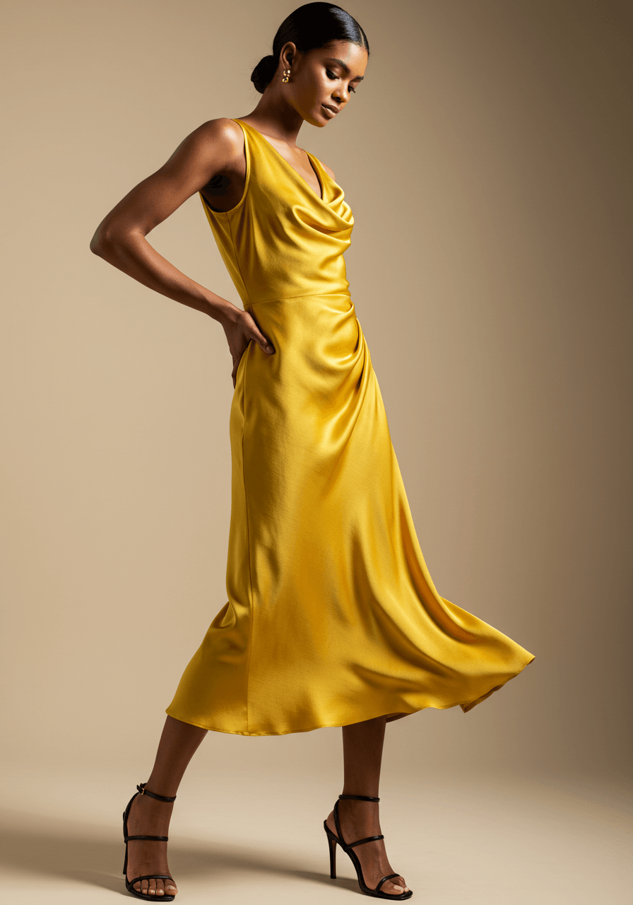 Model in marigold midi dress with confident hip pose showing modern silhouette