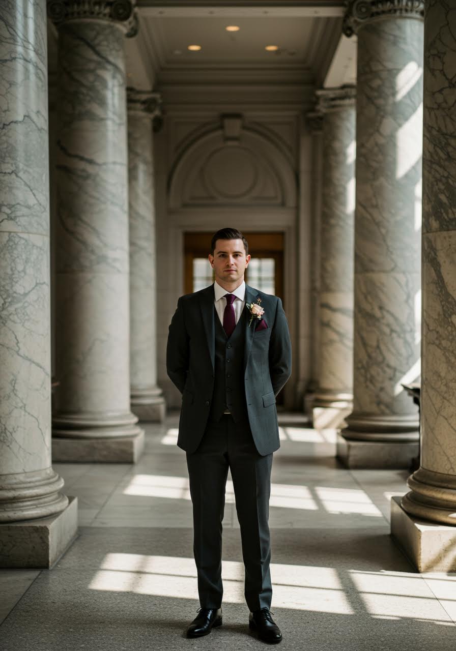 Elegant groom in charcoal three-piece suit with refined styling in sophisticated hotel lobby setting