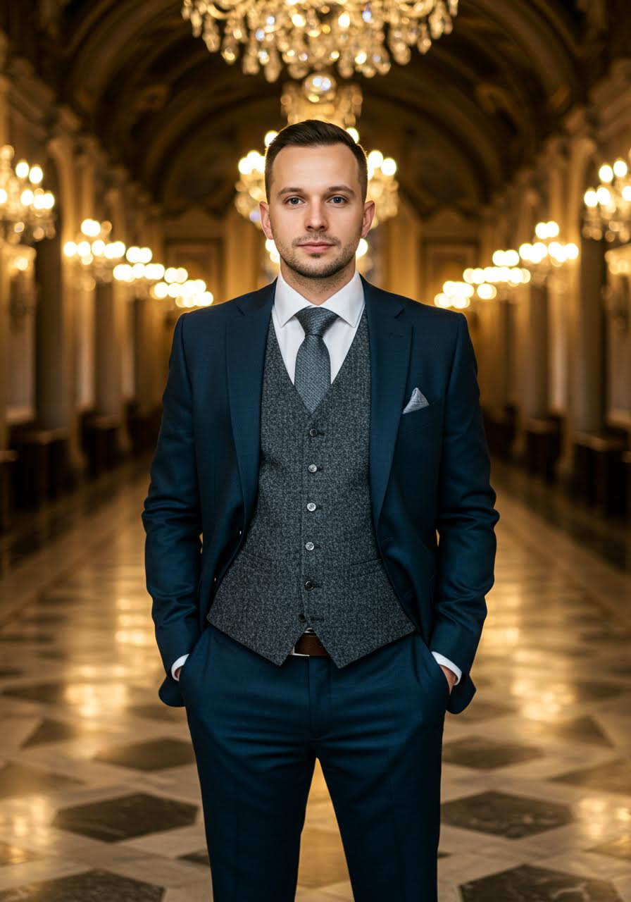 Elegant groom in navy suit with textured charcoal waistcoat under sparkling crystal chandelier