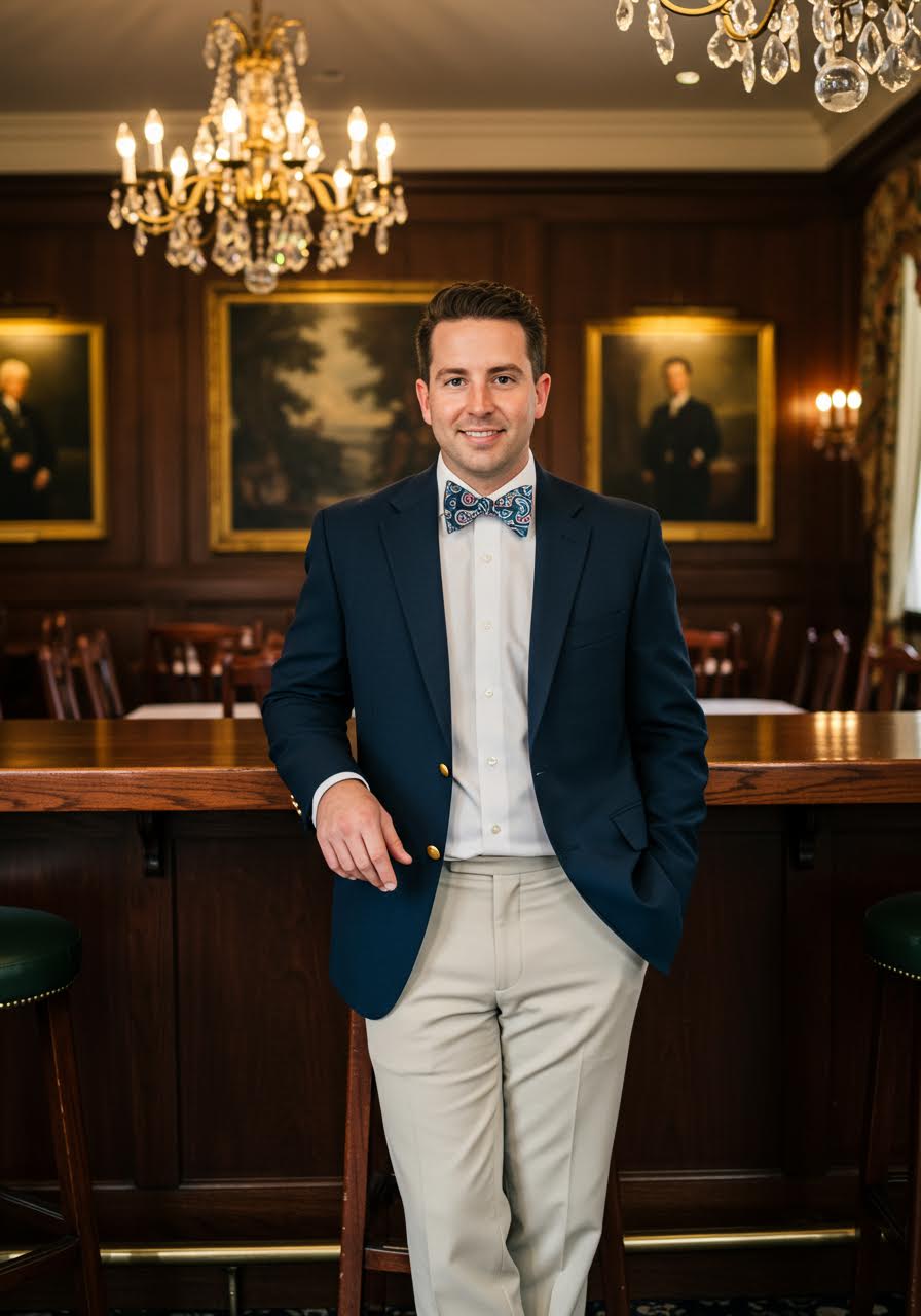Polished groom in navy blazer with brass buttons and paisley bow tie in elegant country club dining room