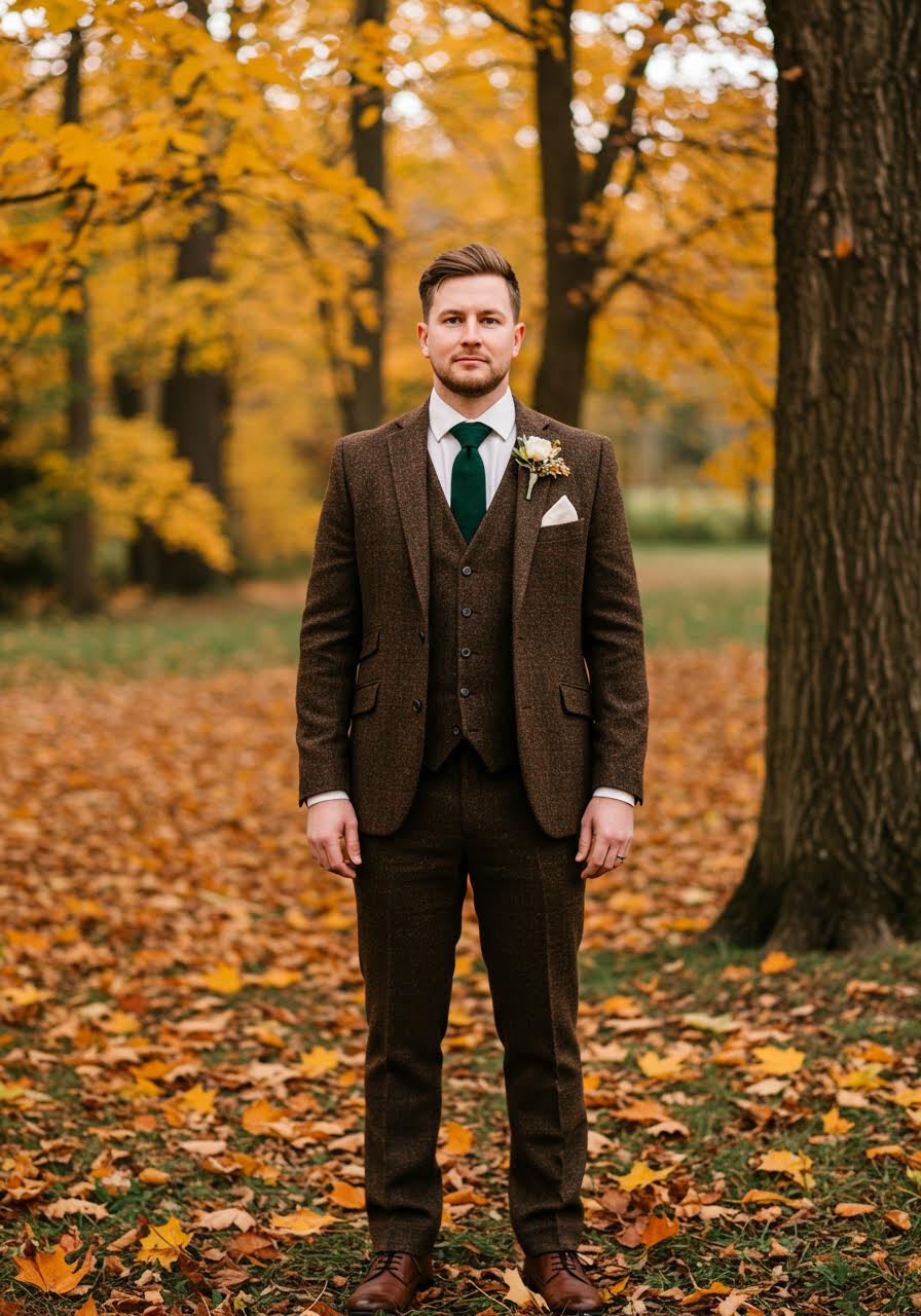 Distinguished groom in brown herringbone tweed three-piece with forest green tie in golden autumn woods