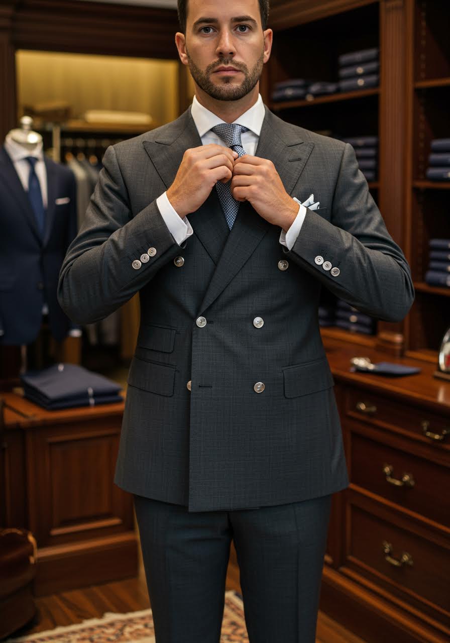 Refined groom in charcoal double-breasted suit with gleaming silver buttons in upscale menswear boutique
