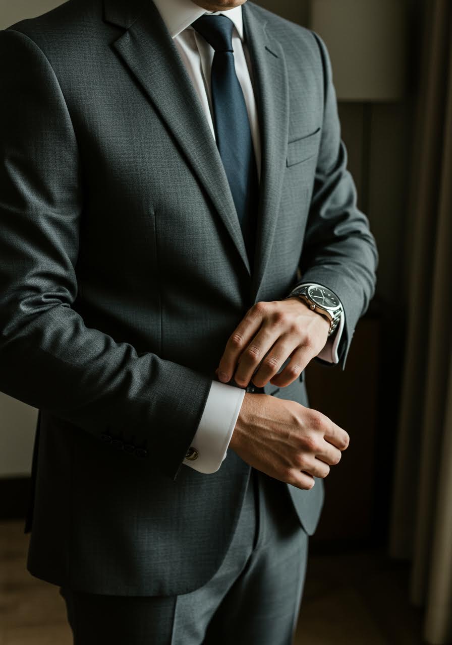 Contemporary groom in minimalist charcoal suit adjusting luxury watch in sleek modern hotel suite