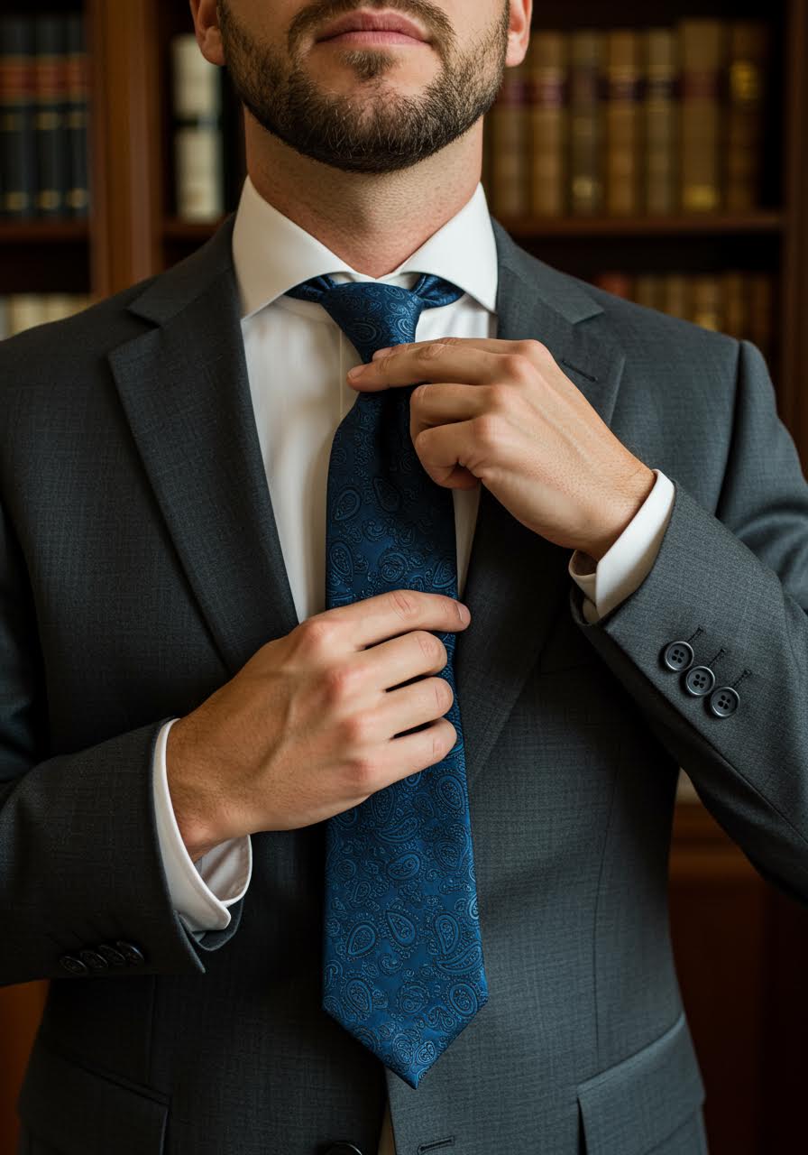 Distinguished groom straightening navy paisley silk necktie in sophisticated mahogany-panelled library