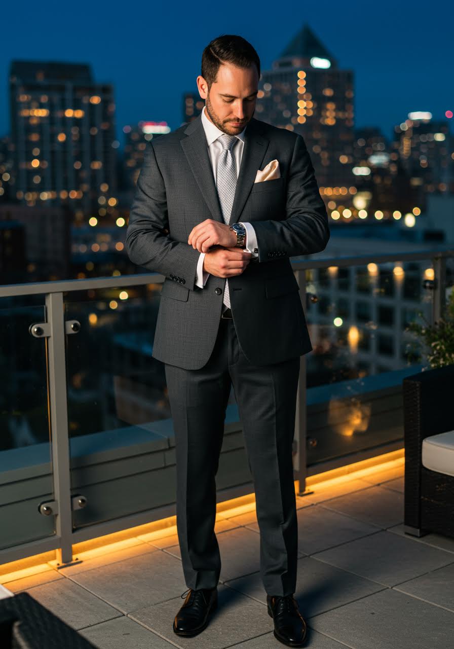 Modern groom in charcoal suit with silk pocket square on city rooftop terrace with twinkling lights