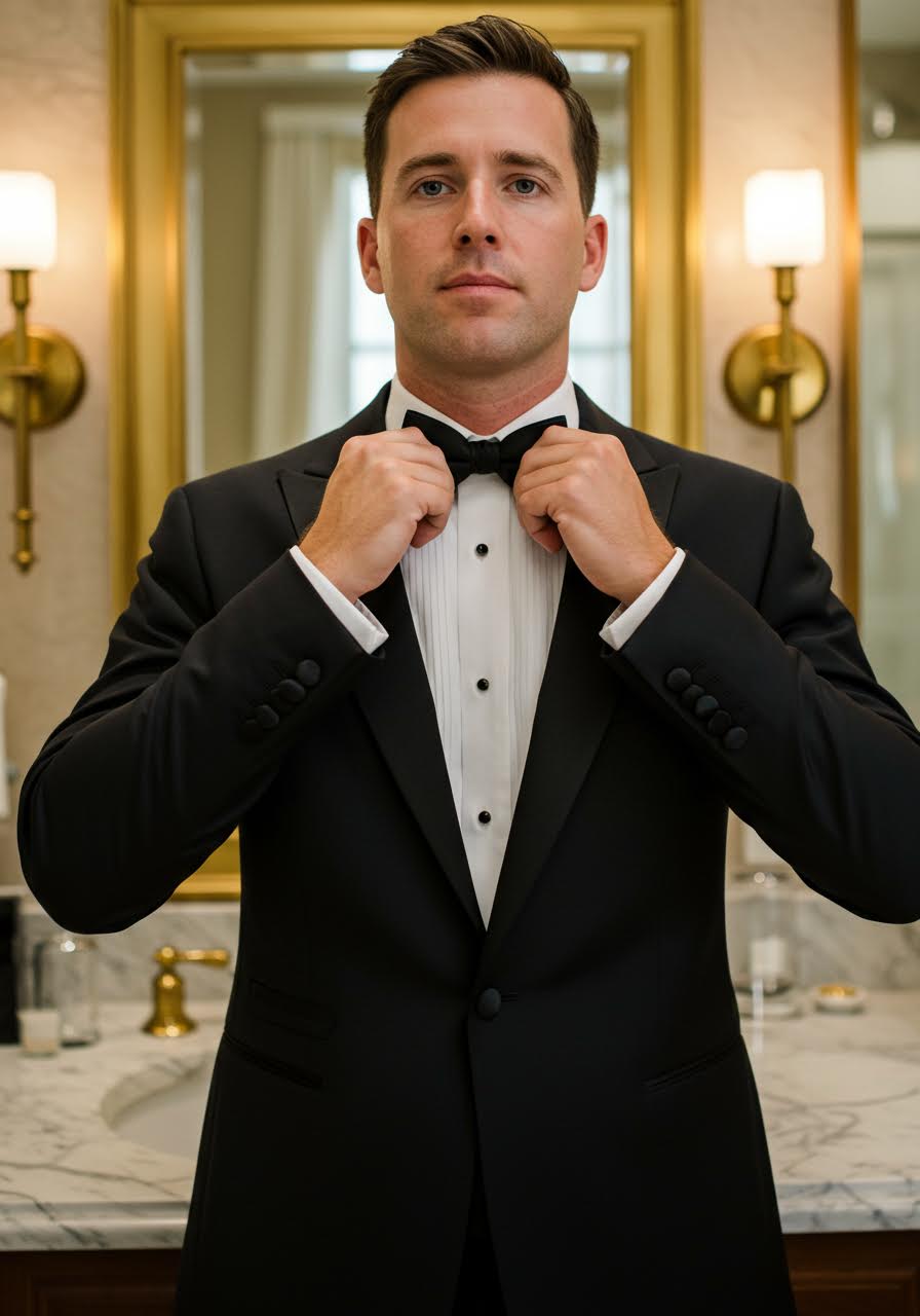 Sophisticated groom adjusting silk bow tie in luxurious marble bathroom during warm golden hour