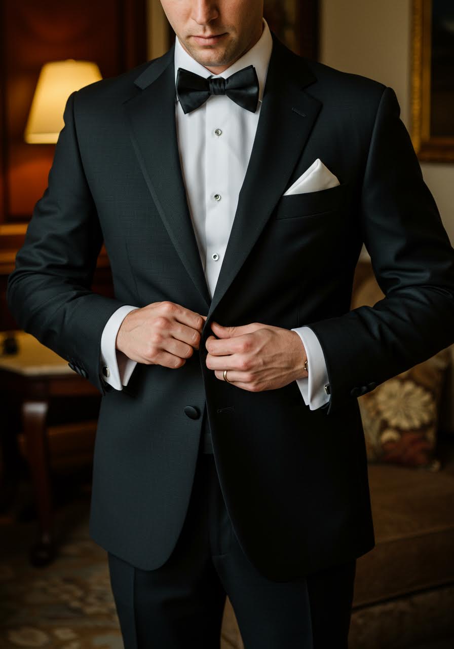 Sophisticated groom adjusting classic black peak lapel tuxedo in luxurious hotel suite with golden lighting