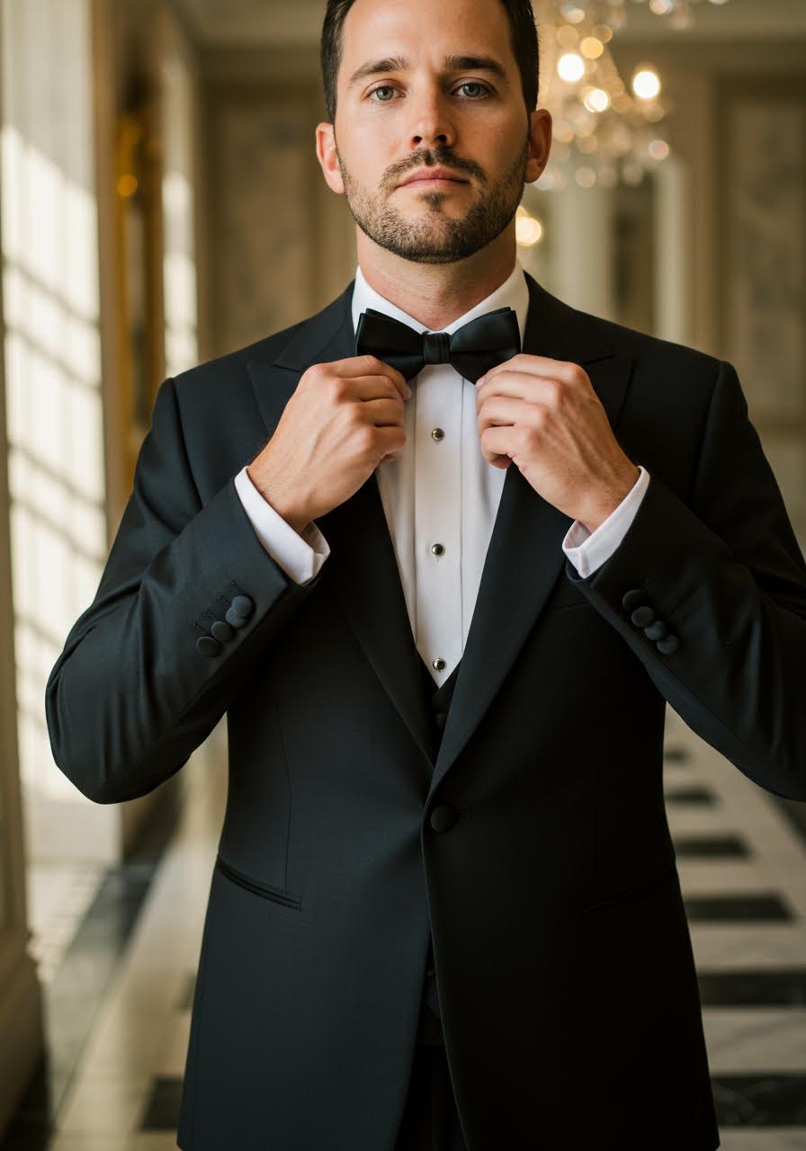 Dapper groom carefully adjusting classic black silk bow tie in elegant marble-floored dressing room