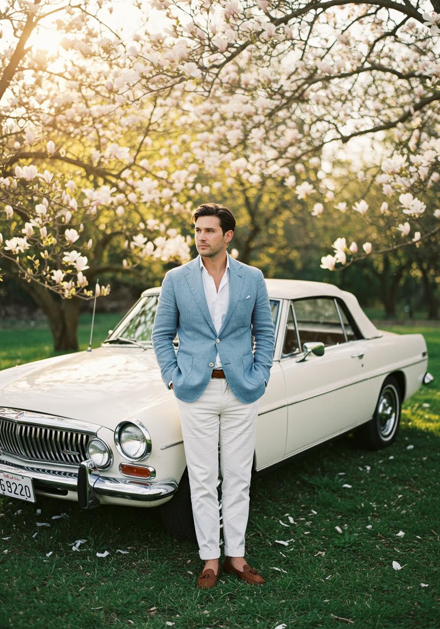 Stylish groom in light blue linen blazer beside vintage convertible under blooming magnolia trees