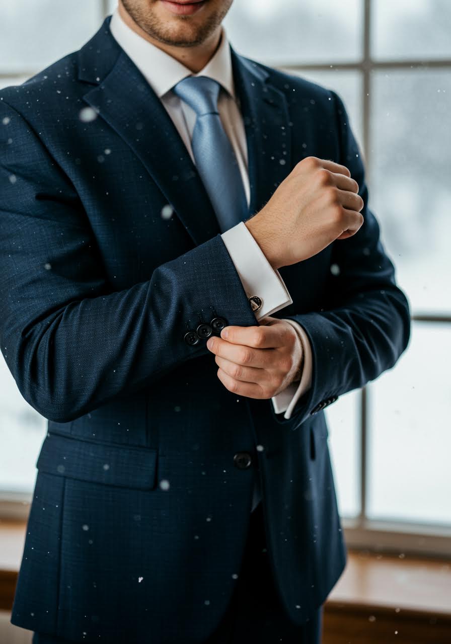 Refined groom in navy wool suit adjusting mother-of-pearl cufflinks by frost-covered window