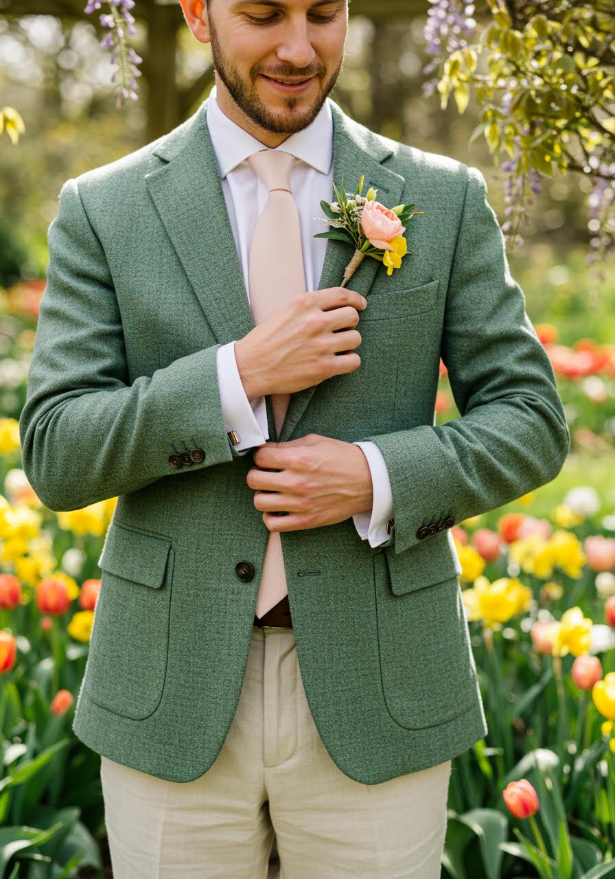 Fresh-faced groom in sage green wool blazer with blush pink tie in blooming spring garden