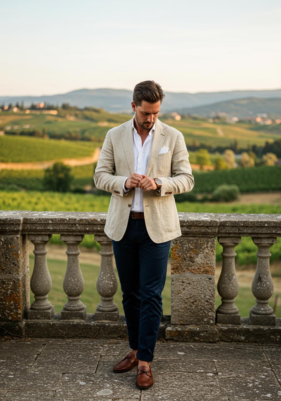 Relaxed groom in khaki linen blazer with wooden watch overlooking vineyard hills at golden hour
