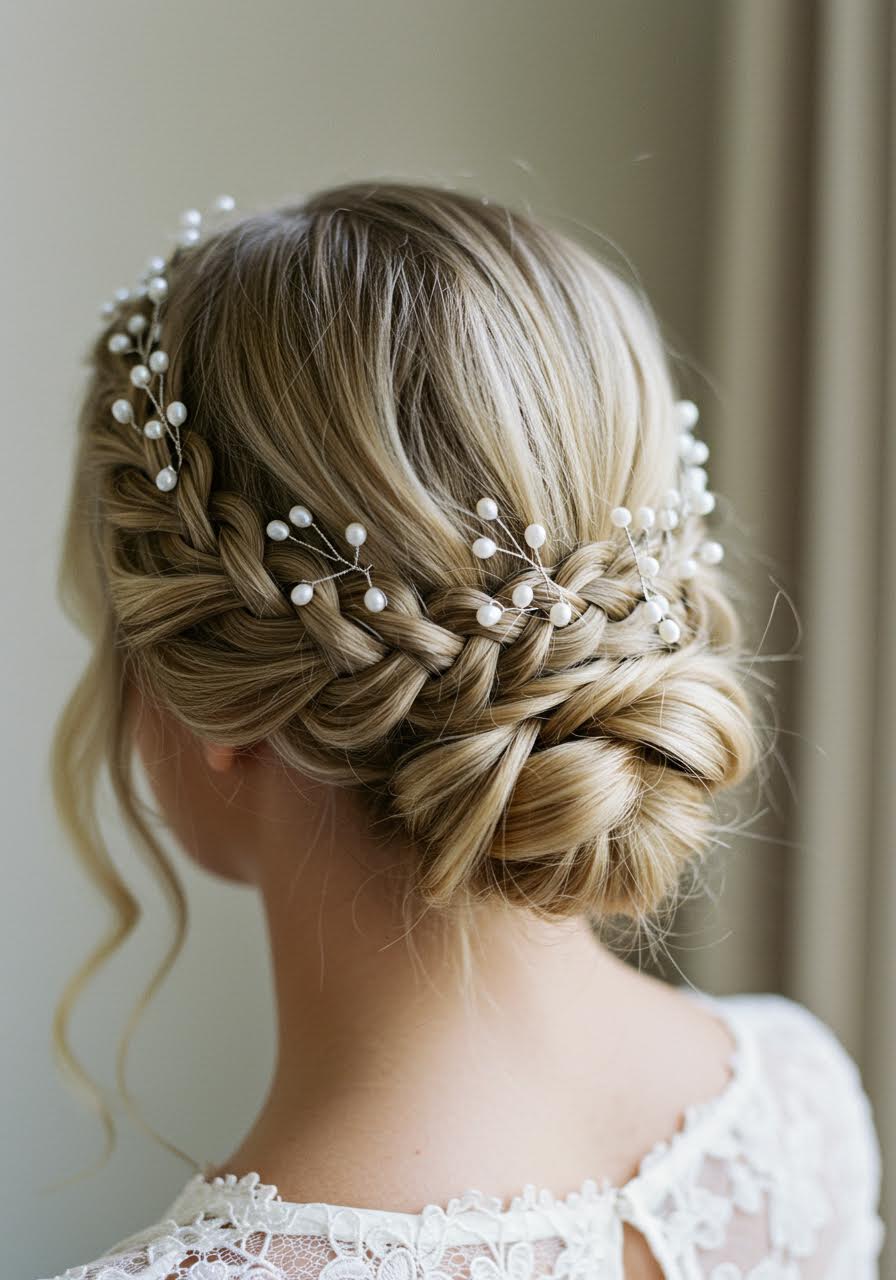 Close-up of braided crown hairstyle with delicate pearl pin accents