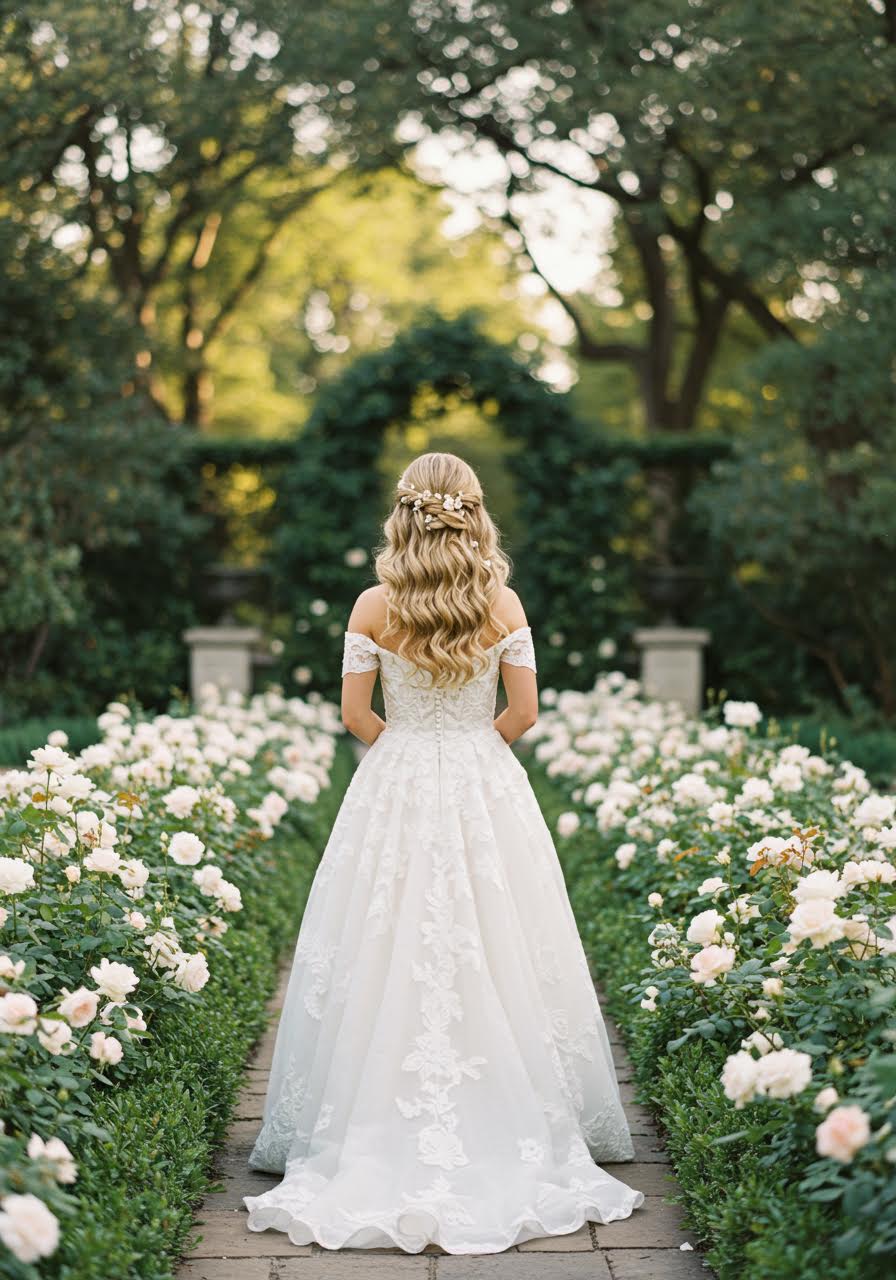 Ethereal bride with soft curls walking through blooming garden pathway