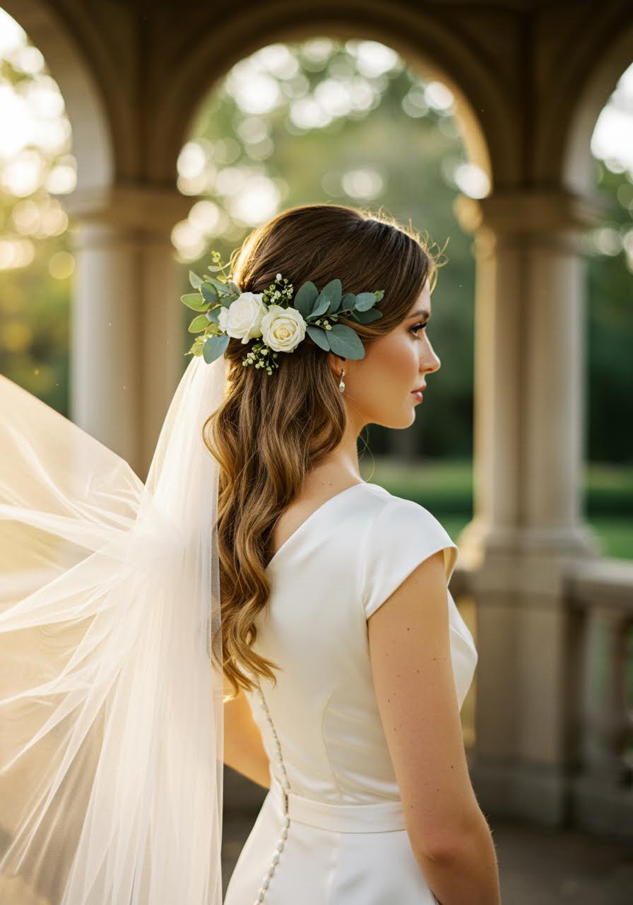 Bride with fresh flowers in half up hairstyle at garden pavilion
