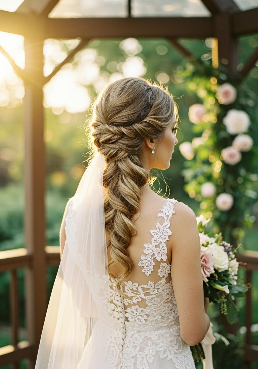 Bride with twisted side half up hairstyle in golden hour garden gazebo