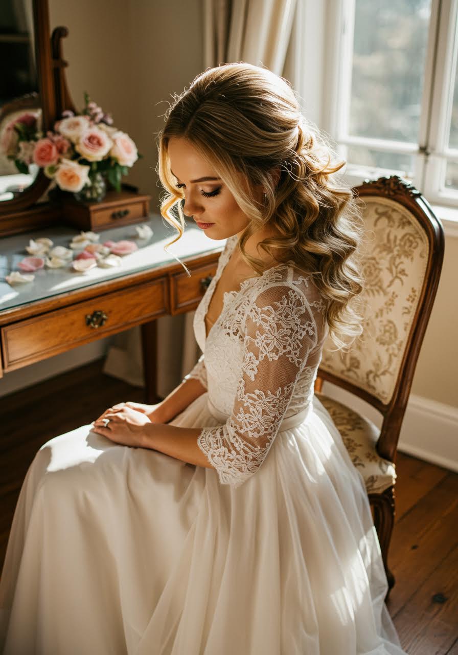 Bride sitting on vintage chair with romantic curls and elegant styling