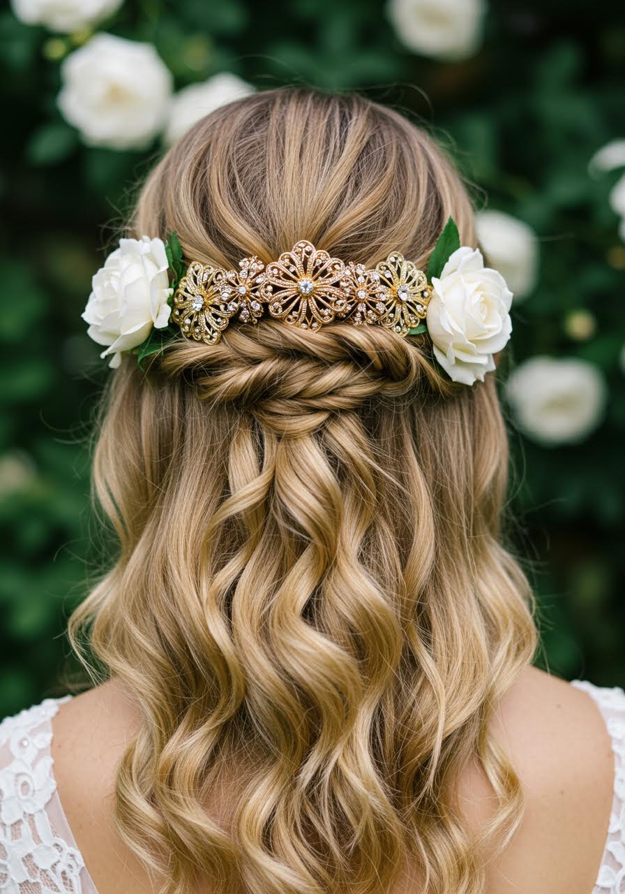 Detailed close-up of ornate gold vintage hair comb in wedding hairstyle