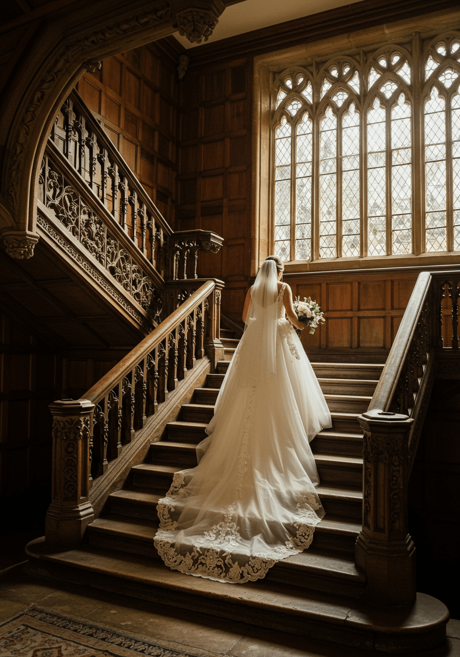 Bride in flowing white wedding dress gracefully descending grand ornate staircase in historic English manor