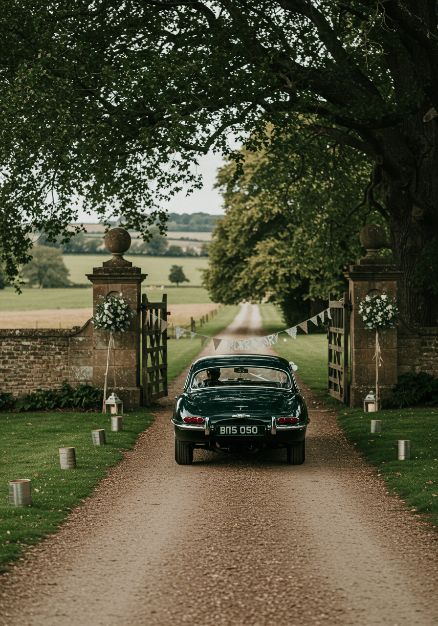Classic British racing green Jaguar E-Type driving down tree-lined estate driveway with wedding ribbons
