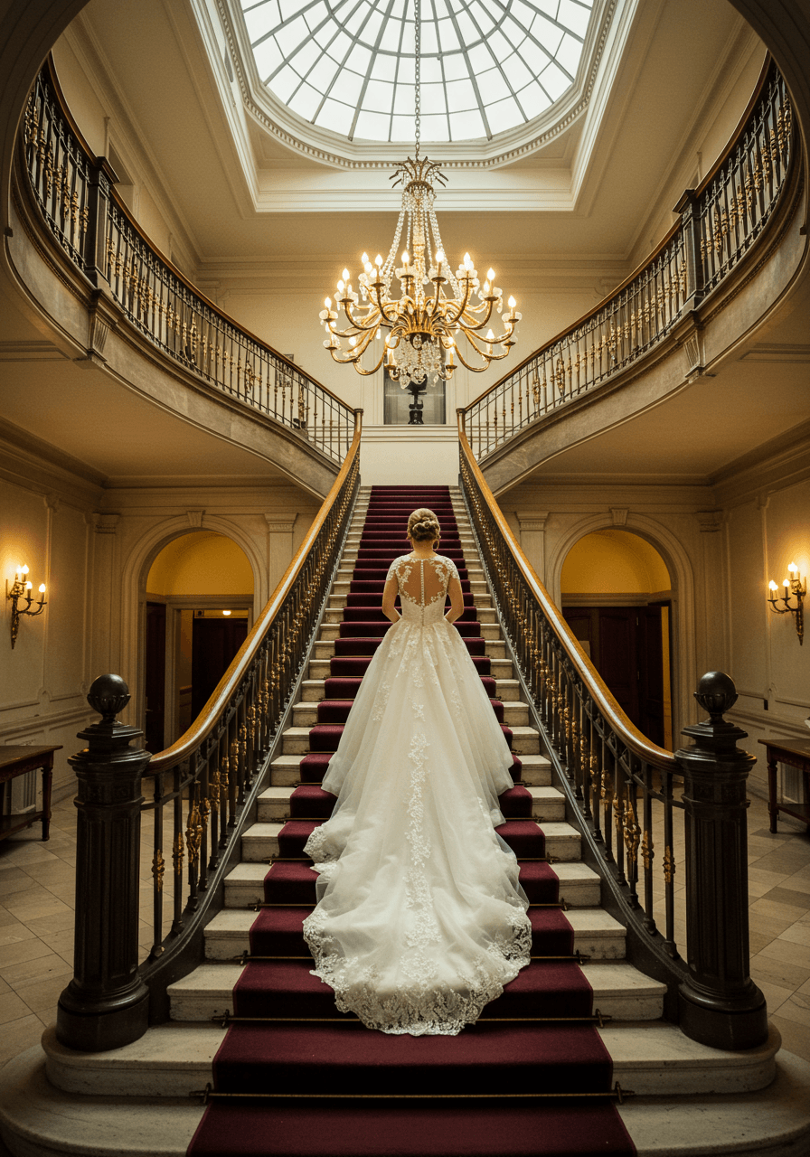 Bride in classic ivory ballgown with intricate lace on curved marble staircase in grand manor foyer