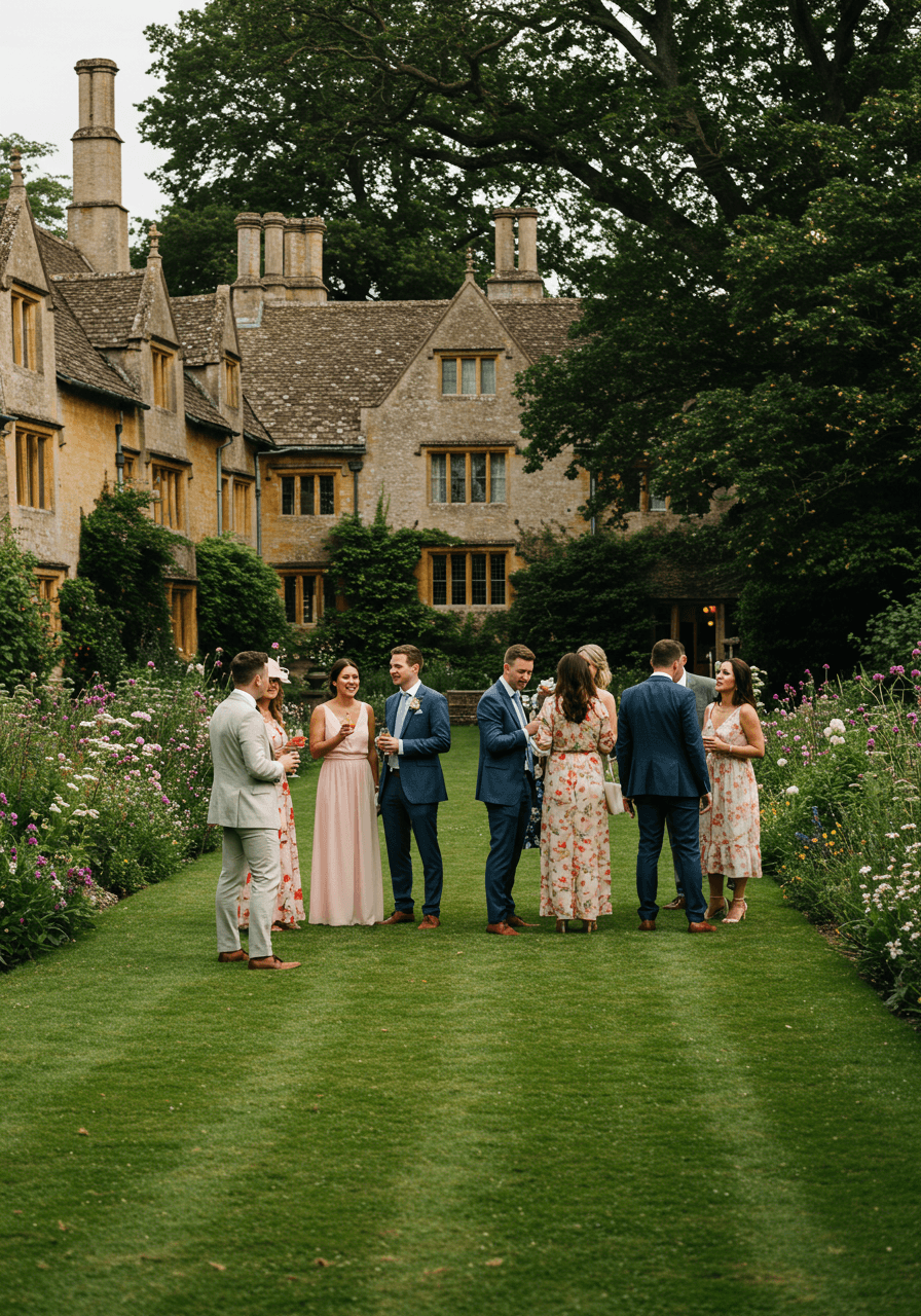 Elegant garden party scene with guests in summer attire holding crystal glasses on pristine manor house lawn
