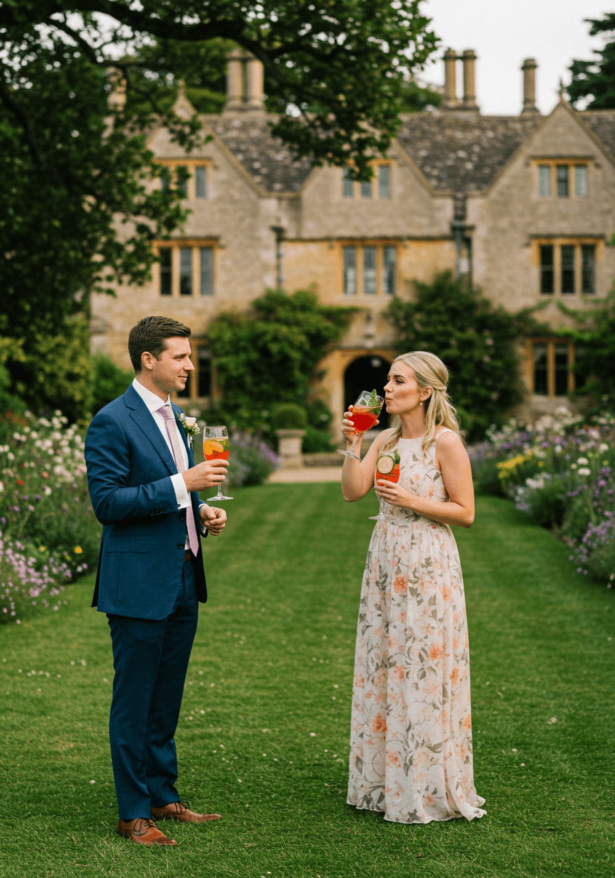 Wedding guests enjoying Pimm's cocktails on manicured lawn surrounded by English gardens at historic manor estate