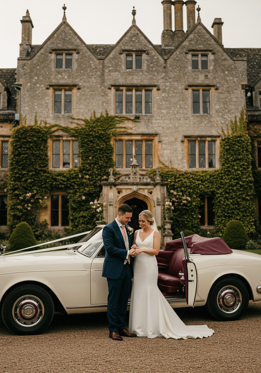 Newlywed couple stepping into vintage Rolls-Royce convertible in front of ivy-covered English manor