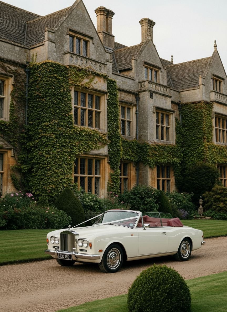 Classic cream Rolls-Royce with burgundy leather interior parked at grand manor estate entrance