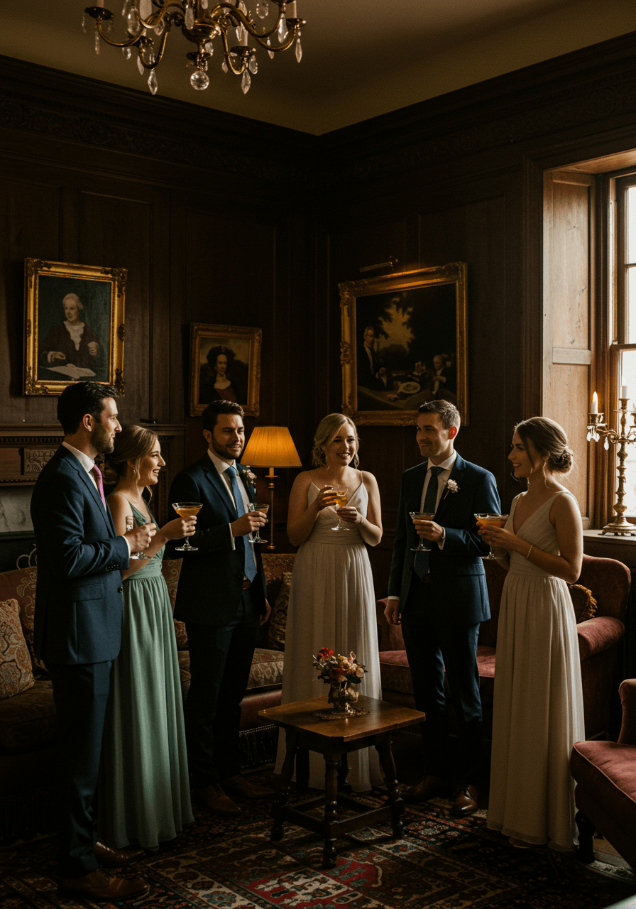 Wedding guests with vintage crystal cocktail glasses in opulent drawing room with dark wood panelling and ornate furnishings