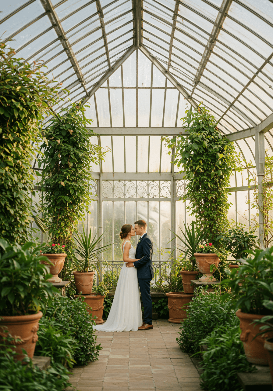 Bride and groom intimate moment in bright glass orangery surrounded by lush greenery and natural sunlight
