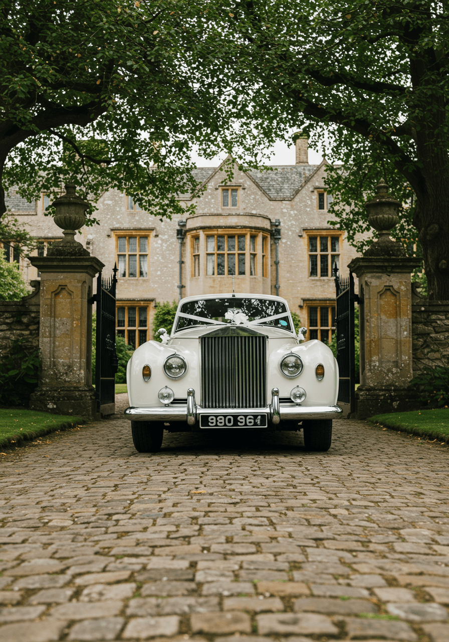 Classic cream-coloured Rolls-Royce navigating curved estate driveway toward Georgian manor house during golden hour lighting