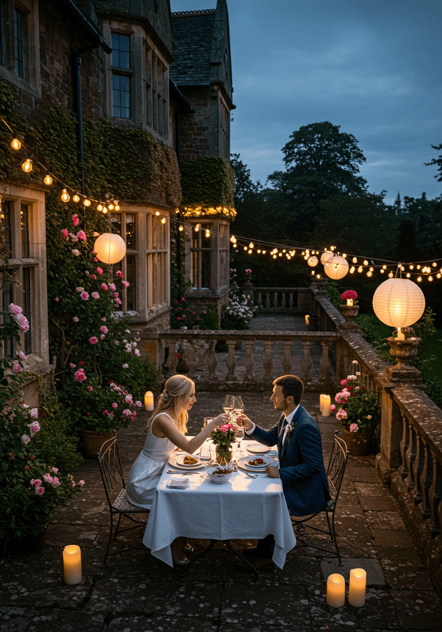 Romantic terrace dinner with string lights and lanterns overlooking English manor gardens at dusk