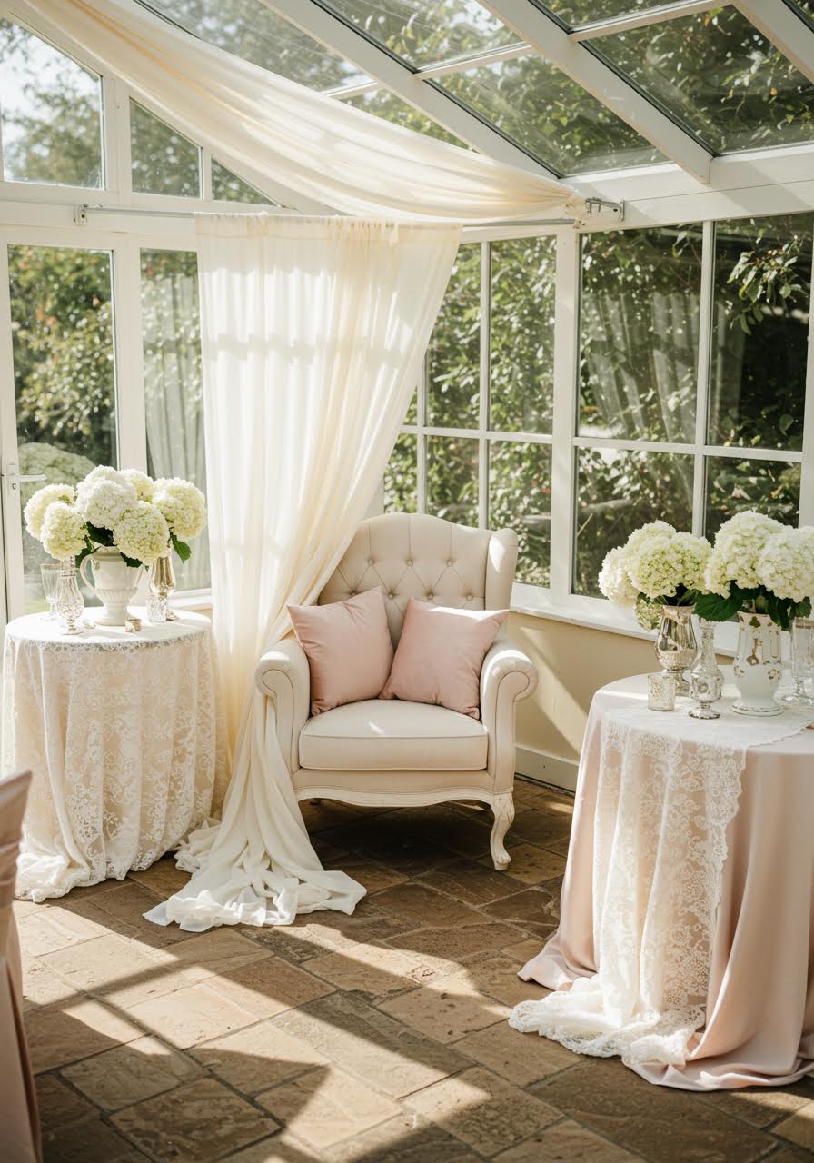 Romantic conservatory seating with flowing cream chiffon and white hydrangeas