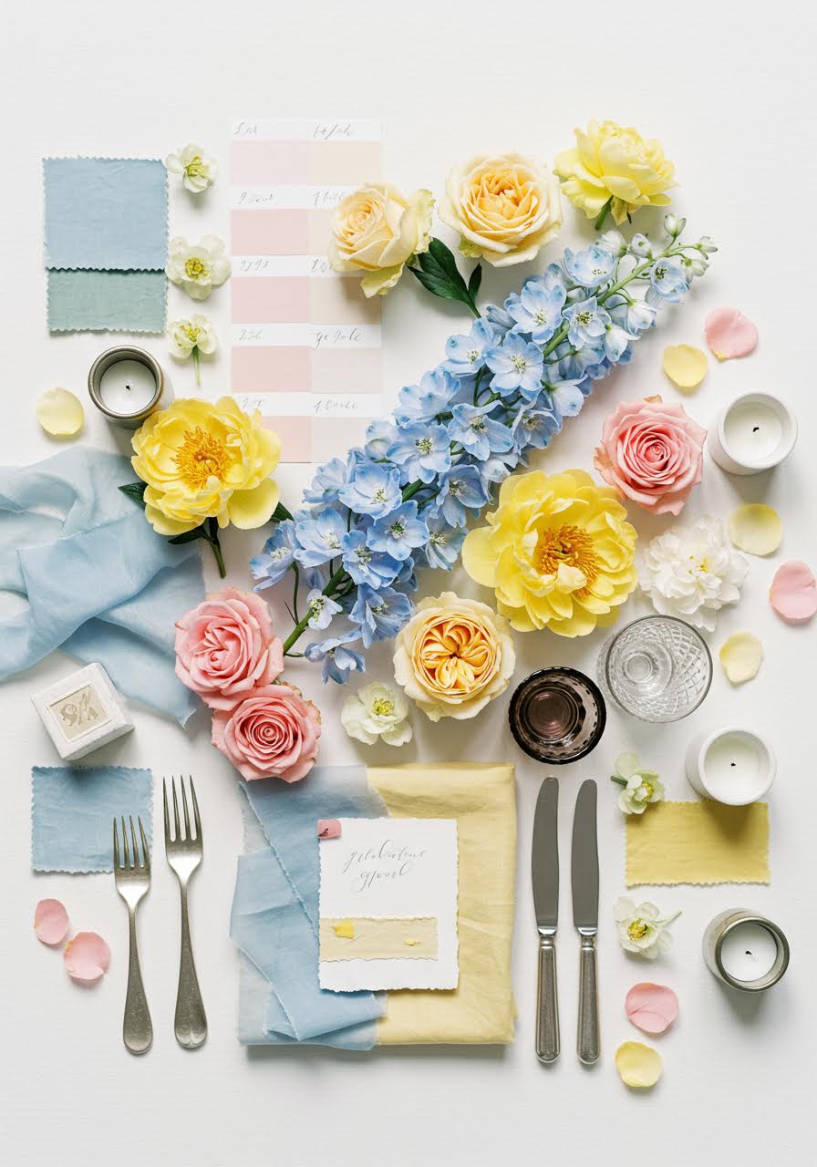 English garden wedding palette with pastel blue, soft rose and gentle yellow florals