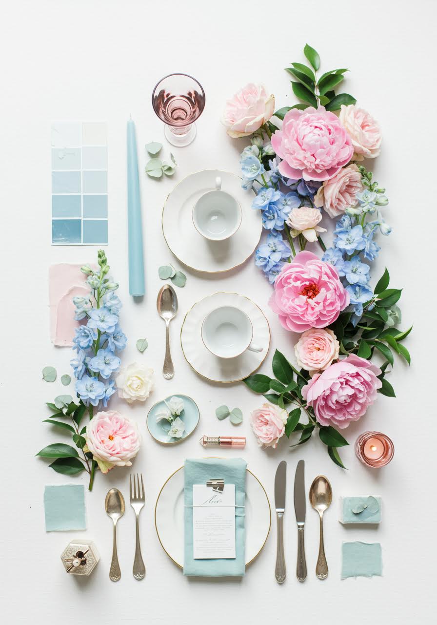 Afternoon tea wedding palette with porcelain blue, soft pink and fresh mint green