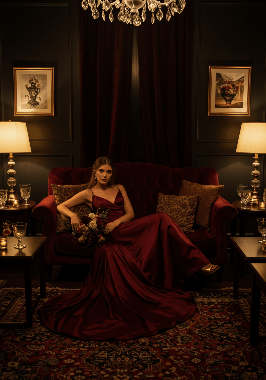 Bride relaxing in luxurious burgundy velvet lounge area with elegant wedding styling