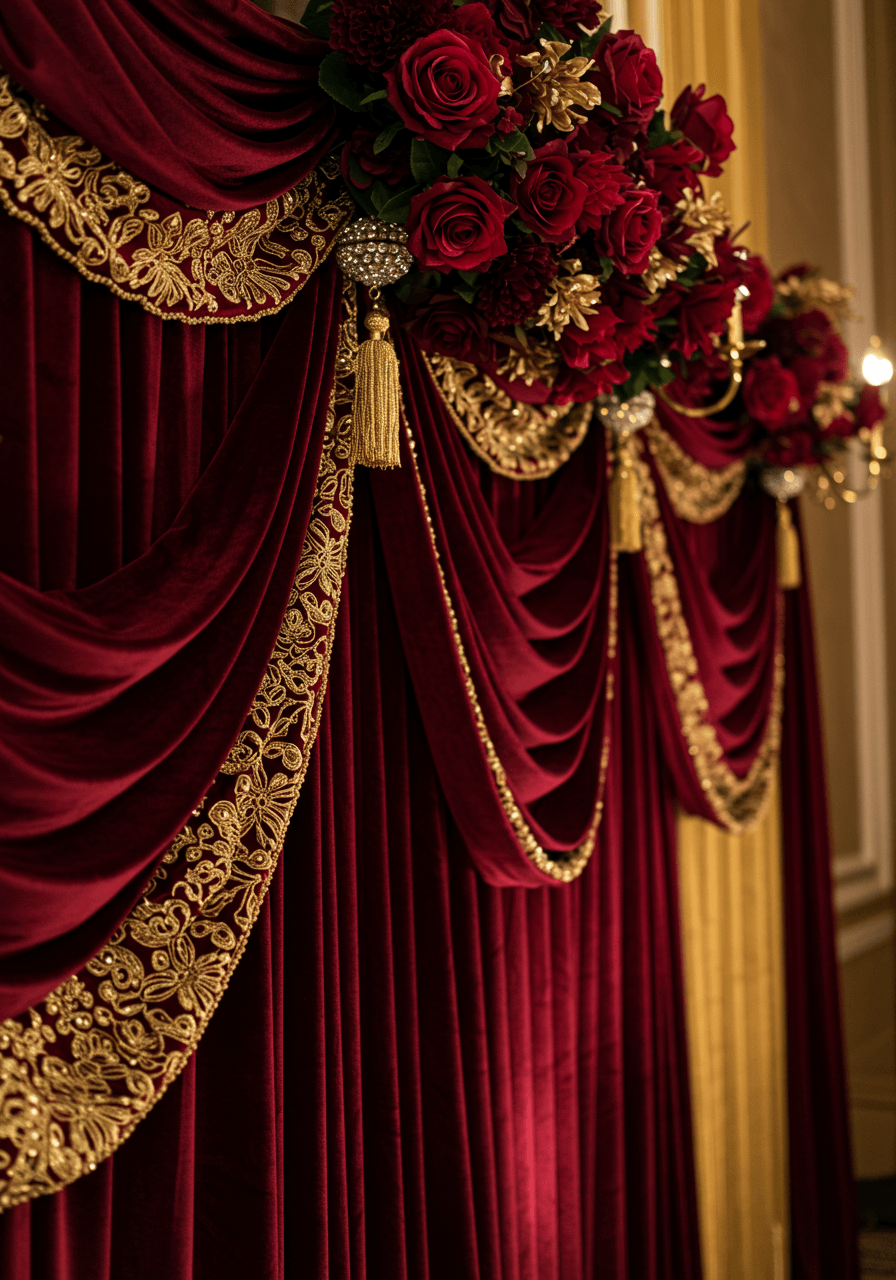 Luxurious burgundy velvet backdrop with gold embroidered details in elegant ballroom setting