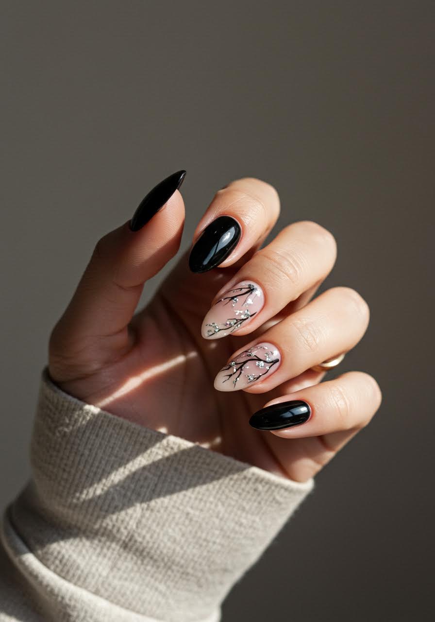 Striking black almond nails with intricate silver branch patterns and botanical details