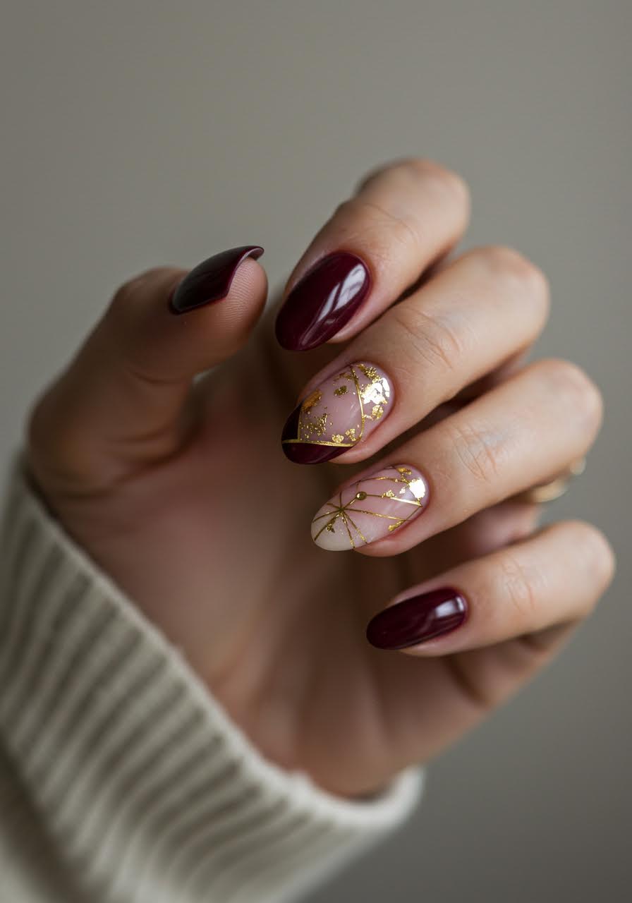 Contemporary burgundy nails with geometric negative space patterns and gold accents