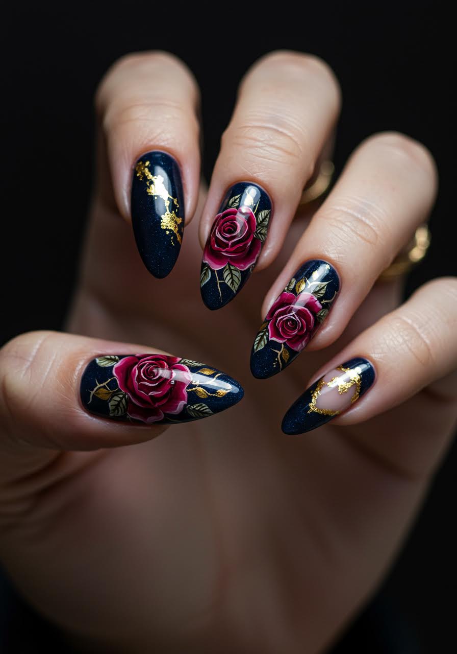Close-up of burgundy nails with delicate rose gold floral detailing and romantic garden motifs
