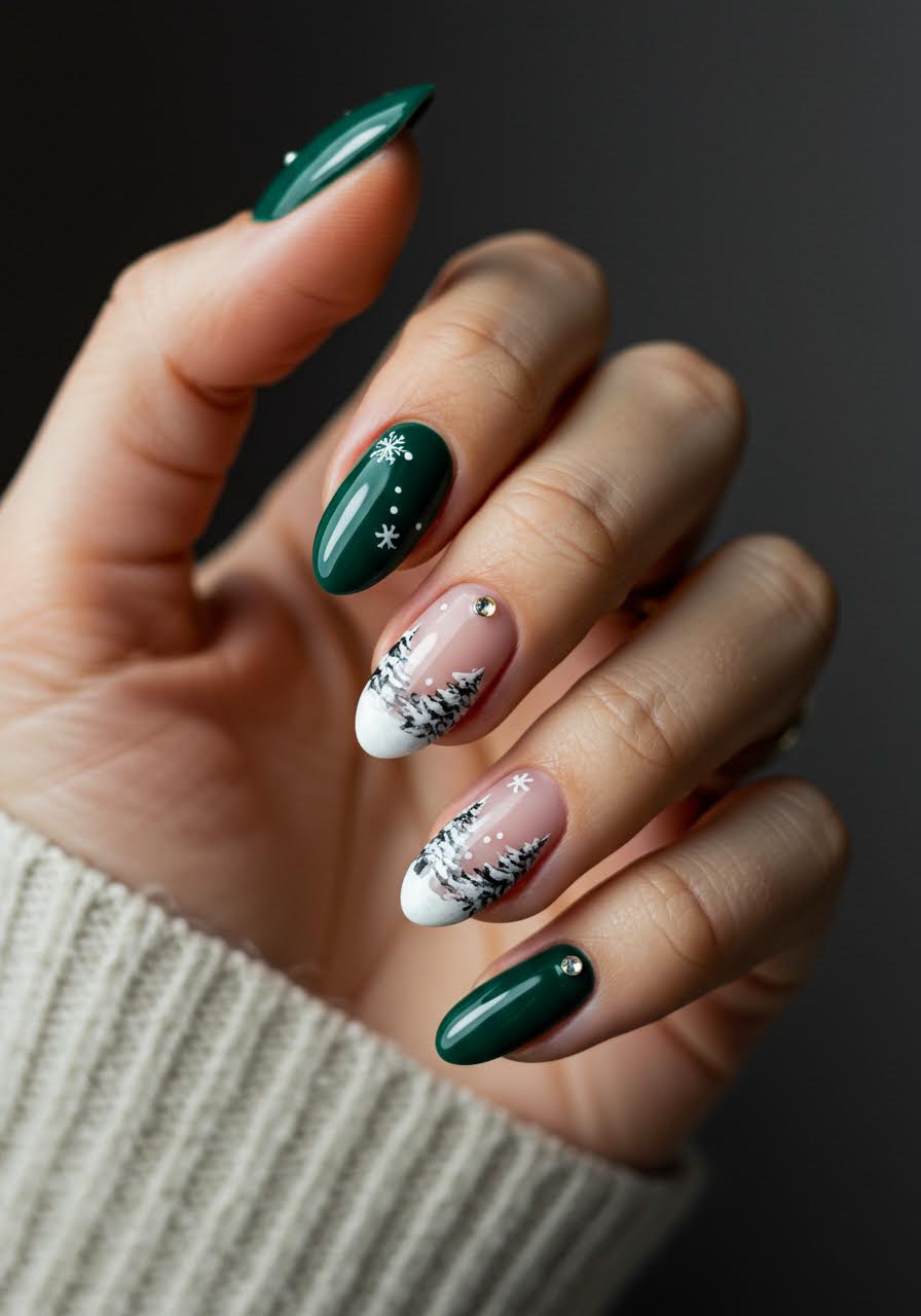 Elegant winter nail art depicting snow-covered pine branches with delicate white detailing