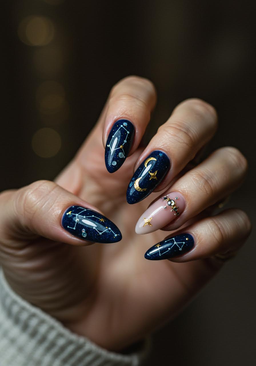 Dark emerald nails featuring celestial star patterns and metallic constellation details