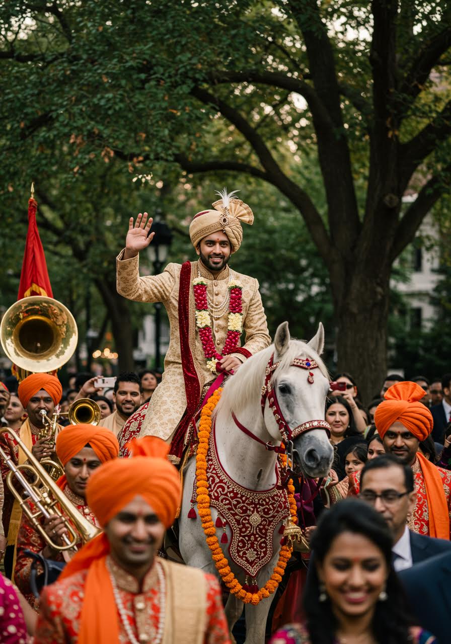Baraat celebration with brass band and family in traditional attire